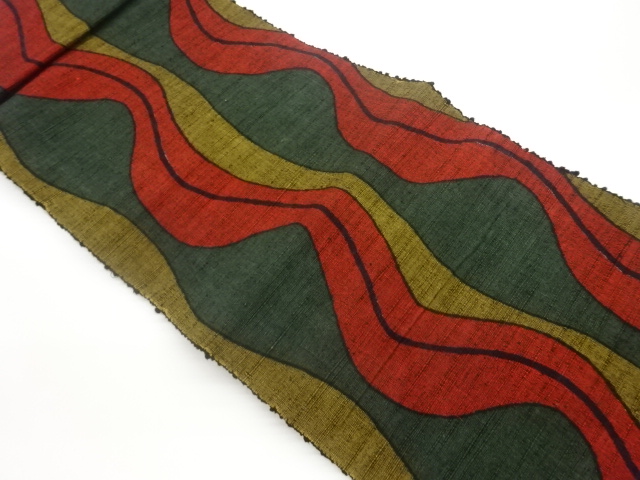 JAPANESE KIMONO / NAGOYA OBI / SILK / HAND WOVEN / MAWATA TSUMUGI / ABSTRACT WAVY LINE